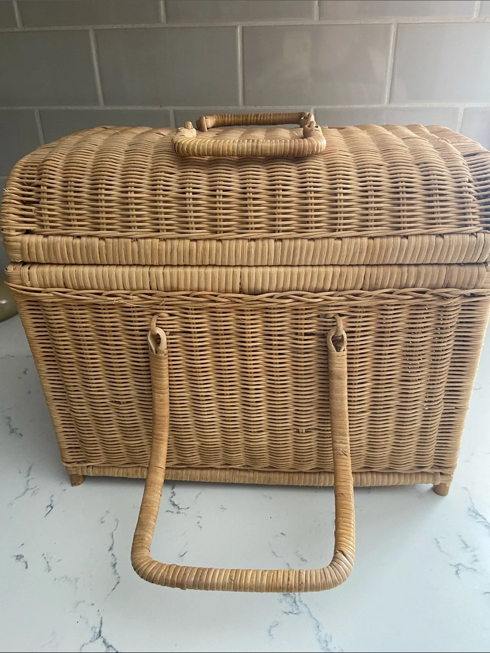 Vintage Wicker Storage Basket w Handle Boho Rattan Sewing Craft Chest